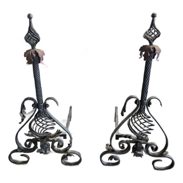 Large Mizner Style Turn of the Century Wrought Iron Andirons For Sale