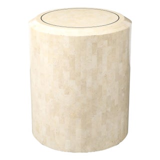 Mid-Century Drum Form Brass Inlay Tessellated Stone Side Table by Maitland Smith For Sale