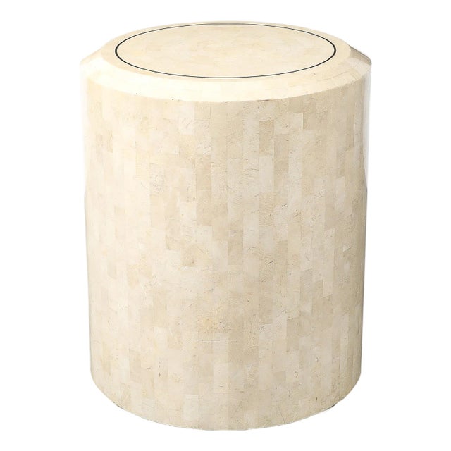 Mid-Century Drum Form Brass Inlay Tessellated Stone Side Table by Maitland Smith For Sale