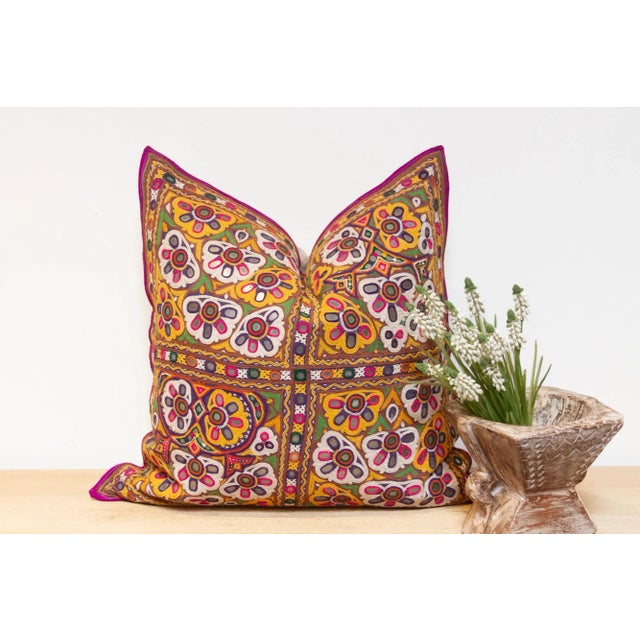 Yellow Azra Rajasthani Embroidered Decorative Pillow For Sale - Image 8 of 8
