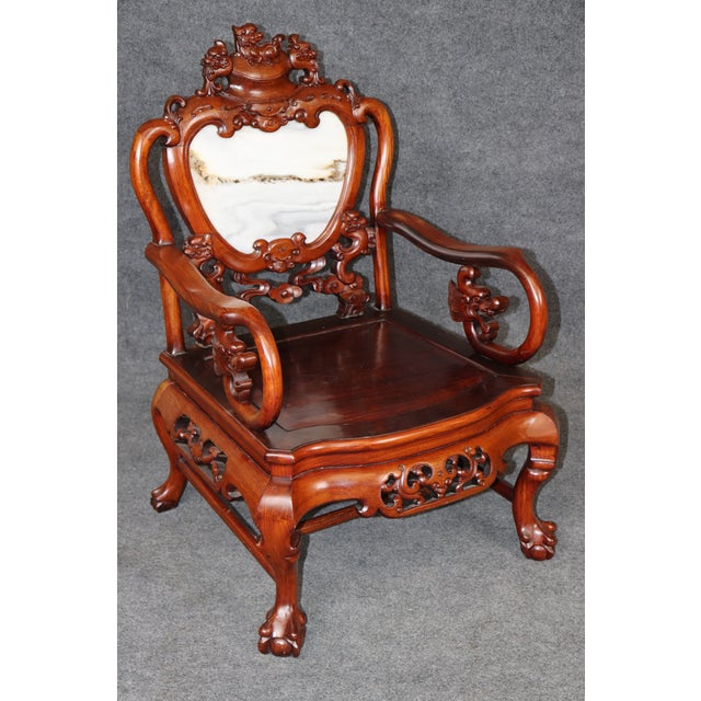 Pair Vintage Chinese Carved Mahogany and Marble Back Arm Chairs For Sale - Image 11 of 16