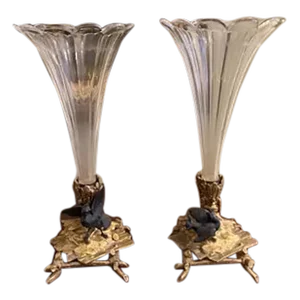 Antique Pair of Gilt Bronze and Baccarat Crystal French Cornucopia Vases