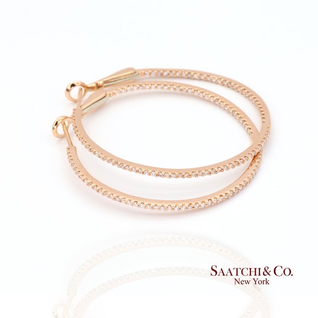 Contemporary 18k (750) Rose Gold Natural Diamond Hoop Earrings For Sale - Image 3 of 10