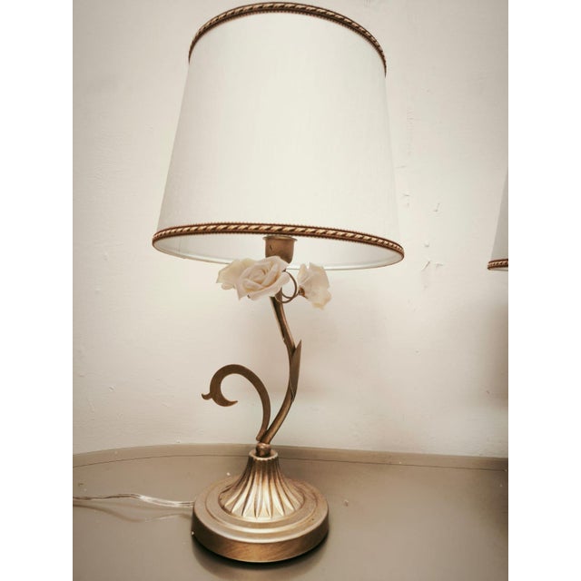 Small Lamps with Ceramic Roses and Fabric Lampshades, 1980s, Set of 2 For Sale - Image 4 of 12