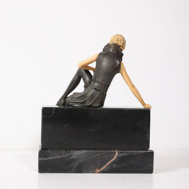 1930s Art Deco Flapper Girl Sculpture in Bronze & Resin on Rectilinear Marble Base For Sale - Image 5 of 13