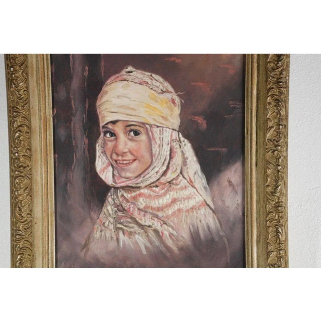 Moroccan Orientalist Oil on Canvas a Portrait of a Young Moroccan Girl For Sale - Image 3 of 18