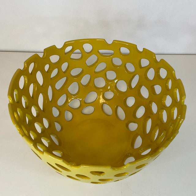 1990s Contemporary Free Form Cutout Ceramic Decorative Bowl in Mustard Yellow For Sale - Image 11 of 13