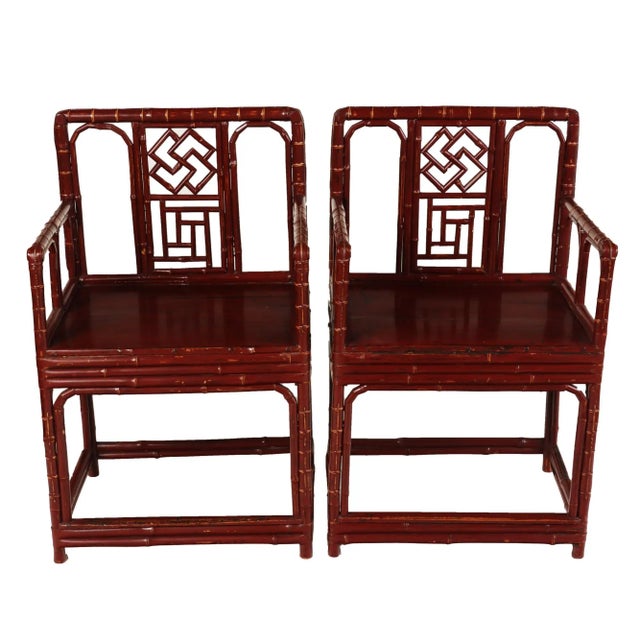 Burgundy Early 20th Century Chinese Brighton Pavilion-Style Bamboo Armchairs- a Pair For Sale - Image 8 of 8