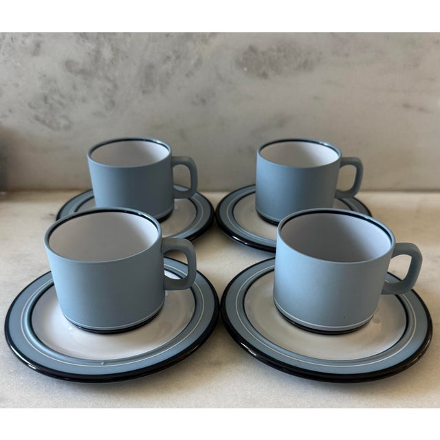 Japanese Set of 4 Arita Genesis Blue Ceramic Coffee Cups and Saucers For Sale - Image 3 of 10