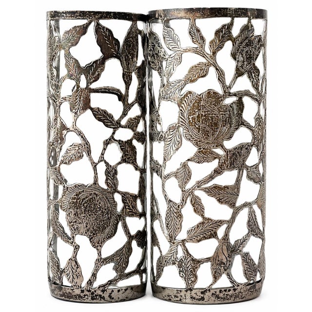 Vintage .925 Sterling Silver Overlay Rose Vine Highball Glasses, Pair For Sale - Image 4 of 8