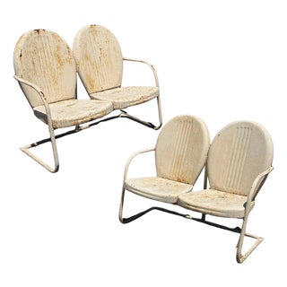 Vintage Art Deco Steel Metal Clam Shell Double Seat Porch Patio Loveseat - Pair For Sale