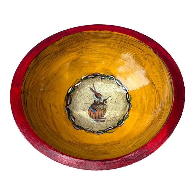 Hand Painted Decoupage Wooden Rabbit Bowl Paul Munro For Sale