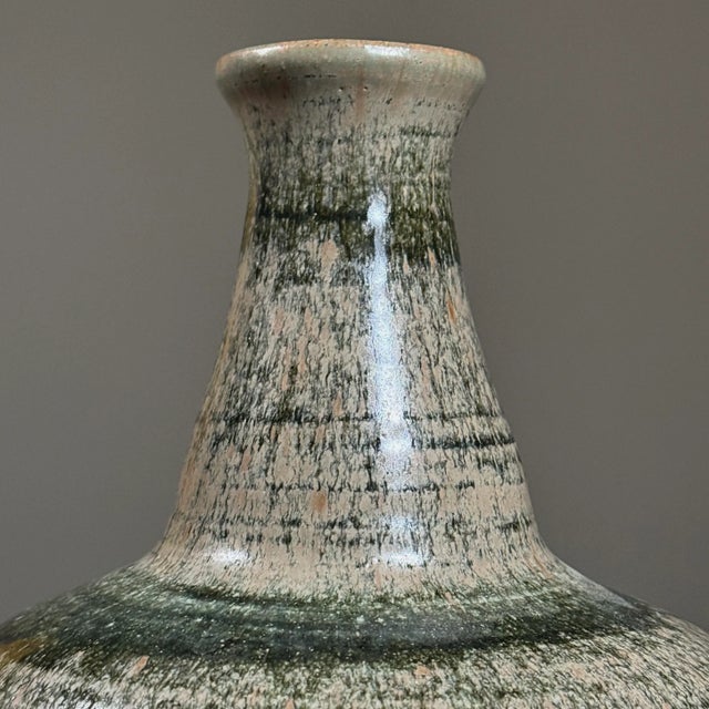1970s Vintage Mid Century Green Glazed Long Neck Ceramic Vase, Signed For Sale - Image 5 of 9