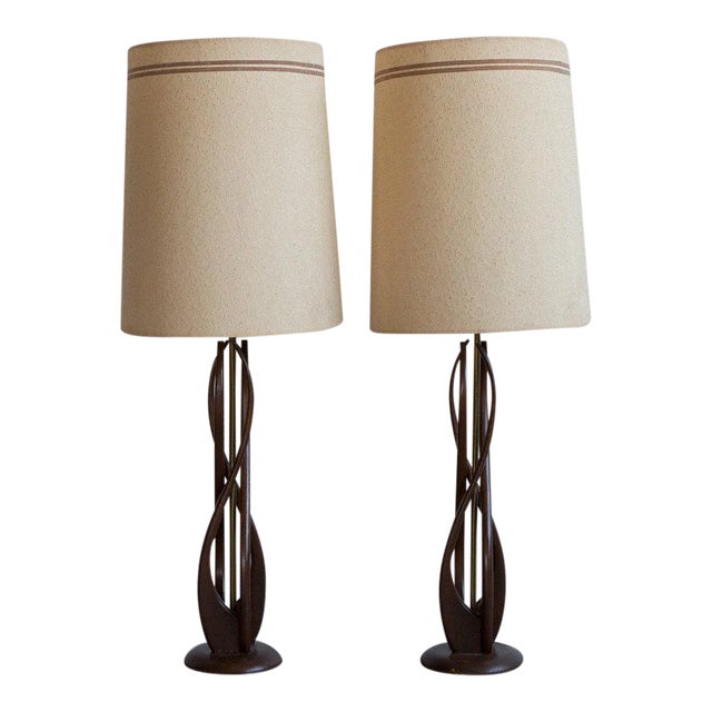 Mid-Century Carved Wood Lamps - A Pair For Sale