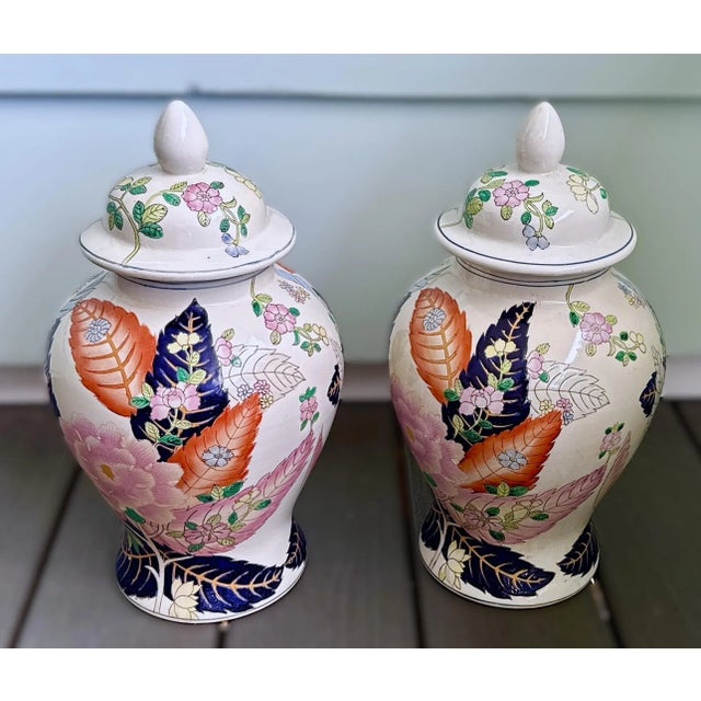 Vintage Hand Painted Tobacco Leaf Ginger Jars - A Pair, 16" Tall For Sale - Image 13 of 14