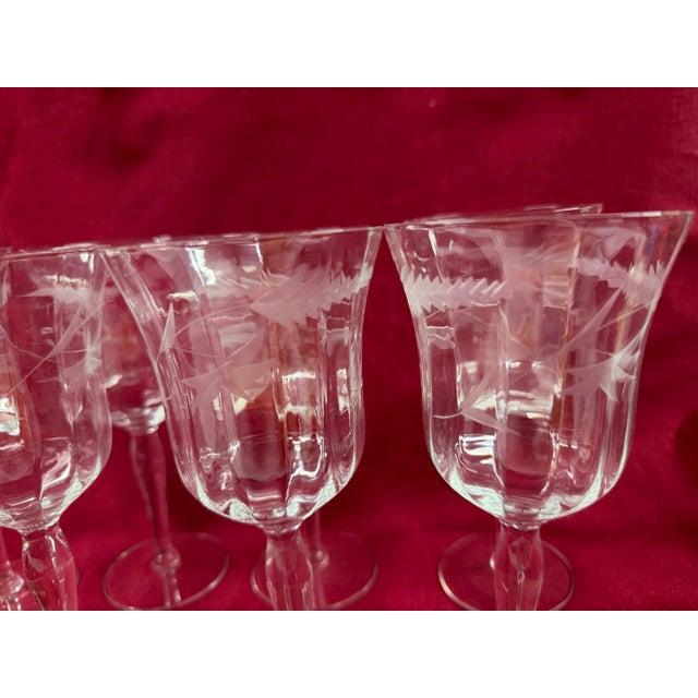 Mid-Century Modern 1950s Crystal Etched Wine Glasses - Set of 8 For Sale - Image 3 of 8