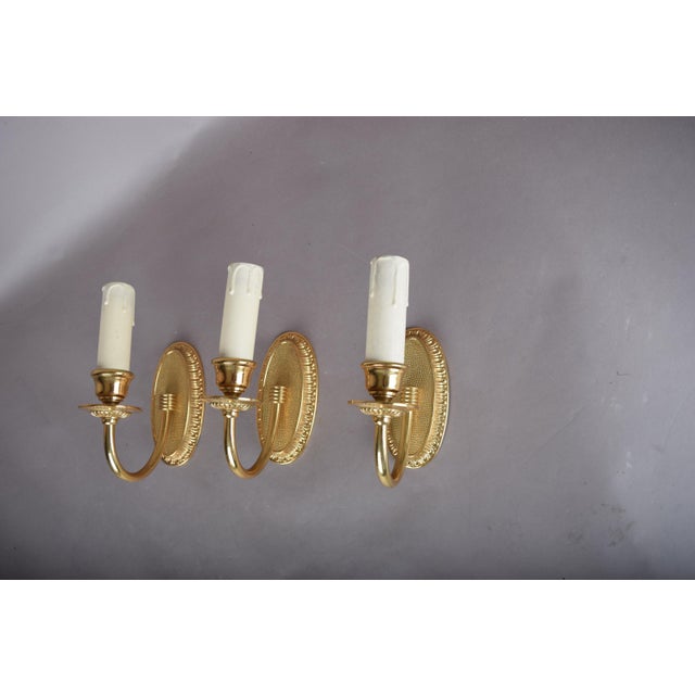 Louis XVI Gilt Metal Wall Sconces with Oval Beaded Backplates, 1950s, Set of 3 For Sale - Image 3 of 7