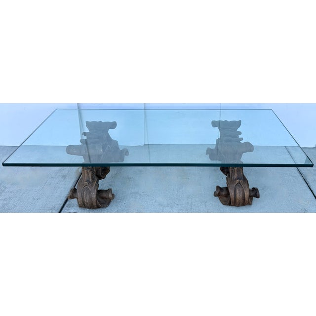 Baroque Baroque Style Rectangular Glass-Top Coffee Table With Carved Faux Wood Bases For Sale - Image 3 of 8