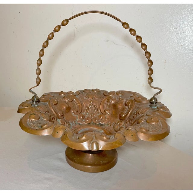 Antique Ornate Hand Tooled Hammered Footed Copper Centerpiece Fruit Bowl Basket For Sale In New York - Image 6 of 12