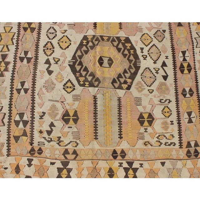 Mid 20th Century Mid 20th Century Vintage Turkish Kilim Gallery Rug With Tribal Design in Brown Pink and Yellow For Sale - Image 10 of 13