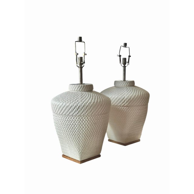 Contemporary White Ralph Lauren Ceramic Woven Rope Texture Lamps With Chrome Finials - a Pair For Sale - Image 12 of 12