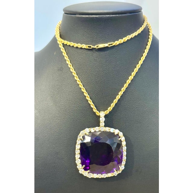 Early 21st Century 110Ct Cushion Amethyst & 5 Ct Diamond Pendant Necklace 14 K Yellow Gold + Chain For Sale - Image 5 of 18