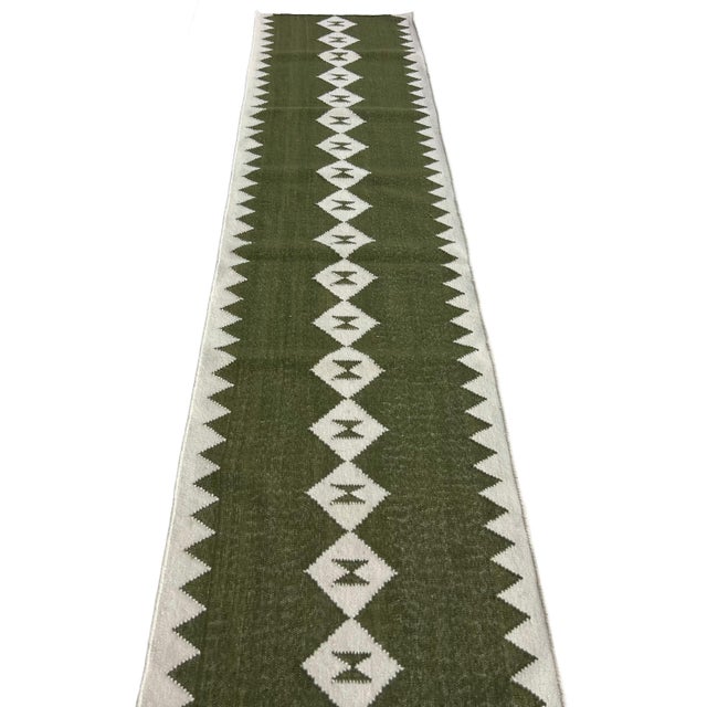 Handmade New Zealand Wool Dhurrie Runner, Olive Green and Cream Geometric Runner Rug- 2'x10' For Sale - Image 11 of 12