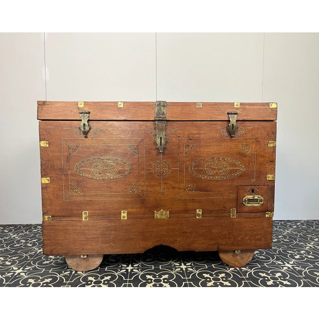 Metal Antique Anglo-Indian Marriage Dowry Campaign Chest on Wheels, 1900s For Sale - Image 7 of 18