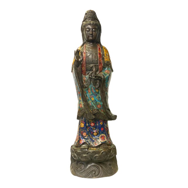 Vintage Large Metal Blue Yellow Enamel Cloisonné Kwan Yin Statue For Sale