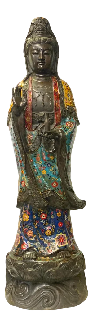 Vintage Large Metal Blue Yellow Enamel Cloisonné Kwan Yin Statue