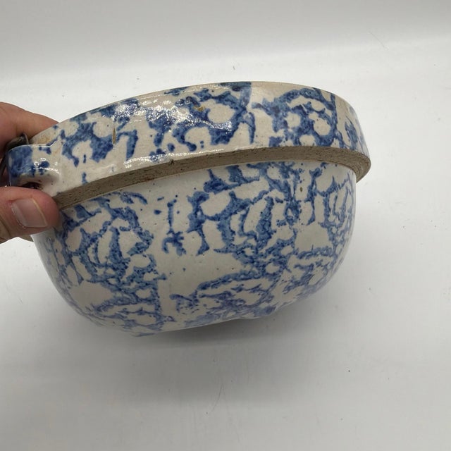 Farmhouse 19th C. Antique Blue Spongeware Stoneware Bowl W/ Wire Bale Wooden Handle For Sale - Image 3 of 12