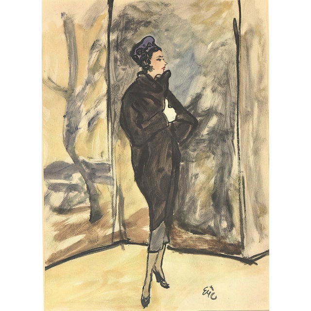 This is an original French fashion print that dates to 1947. It originally appeared in a high end MId-Century French...