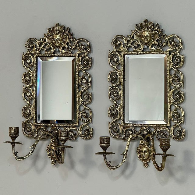 19th Century Italian Renaissance Cast Bronze Mirrored Wall Sconces - a Pair For Sale - Image 4 of 18