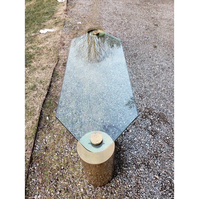 1970s Mid-Century Karl Springer Floating Glass Table on Two Brass Legs For Sale - Image 11 of 12