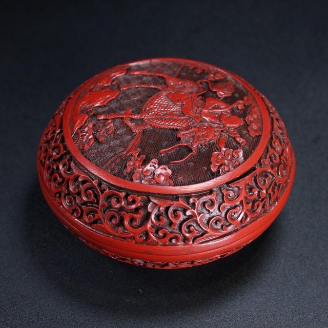 Traditional Carved Cinnabar Lacquer Box With Rider and Qilin Motif For Sale - Image 3 of 9