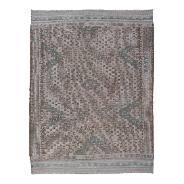 Vintage Turkish Embroidered Flat-Weave Rug With Geometric Design For Sale
