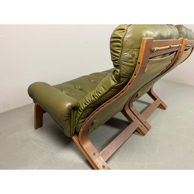 Vintage Scandinavian Two-Seater Ry-Wing Lounge Sofa in Olivegreen Leather by Elsa and Nordahl Solheim for Rybo Rykken & Co, 1960s For Sale - Image 6 of 18
