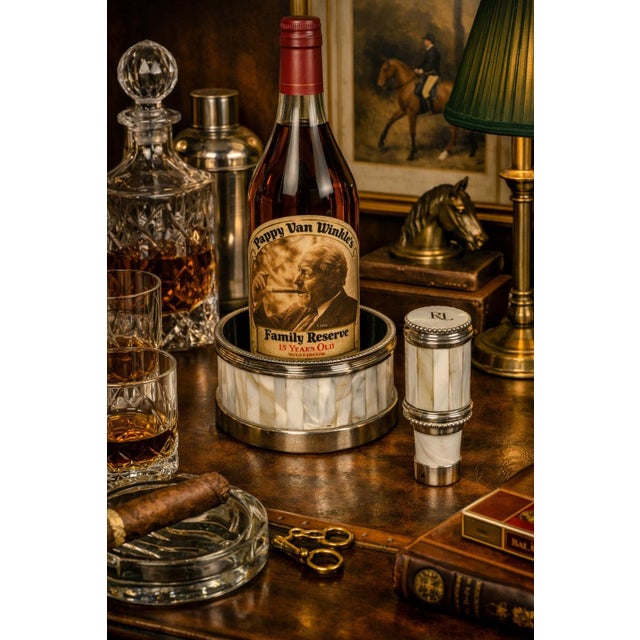 Hollywood Regency Ralph Lauren Mother‑of‑Pearl Wine Coaster & Bottle Stopper Set — Luxe Barware, Bar Cart Styling, Coastal Glam, Palm Beach Regency, Barware For Sale - Image 3 of 10