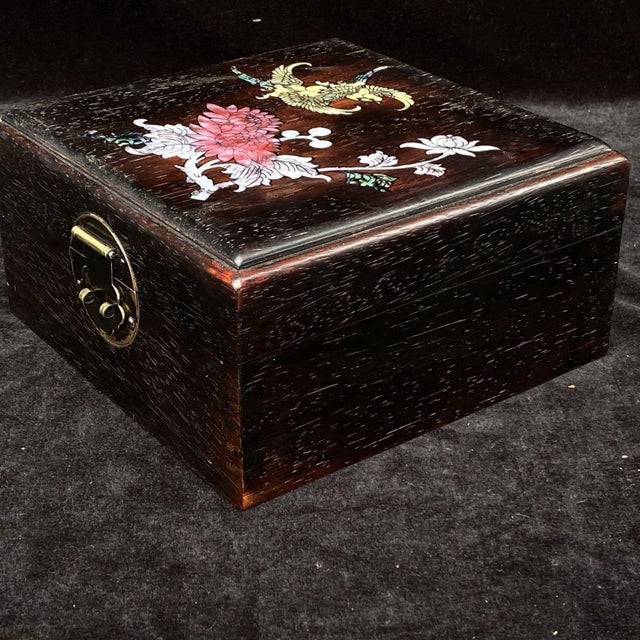 Square Hardwood Jewelry Box, Mother-of-Pearl Shell Inlay, Phoenix and Chrysanthemum, Chinoiserie Decorative Treasure Box For Sale - Image 4 of 10