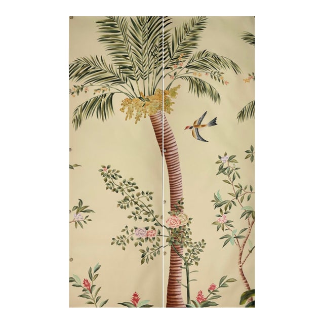 Hand‑Painted Chinoiserie Tropical Palm Mural Wall Panels, Set of 2, Botanical Bird Wallpaper For Sale