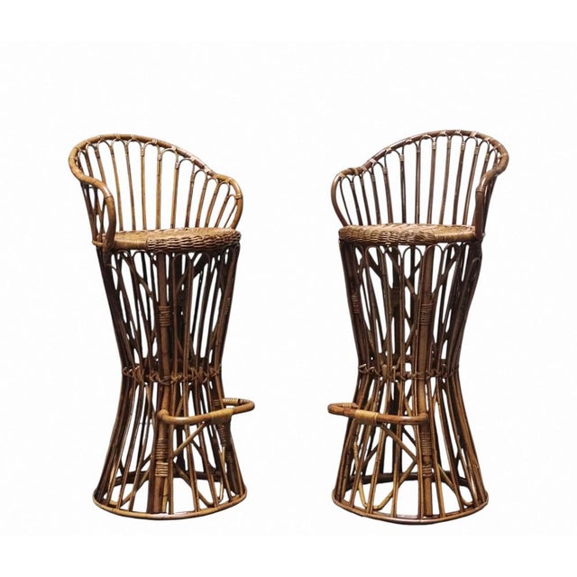 Hourglass-Shaped Woven Wicker Stools in the style of Tito Agnoli, Italy, 1960s, Set of 2 For Sale - Image 11 of 11