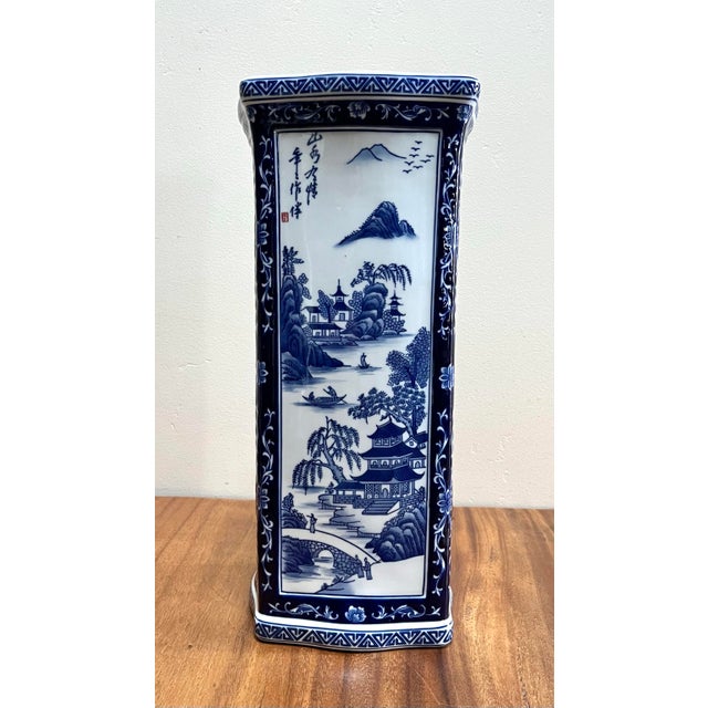 Chinoiserie 18” Tall Square Blue and White Chinoiserie Ceramic Vase For Sale - Image 3 of 10