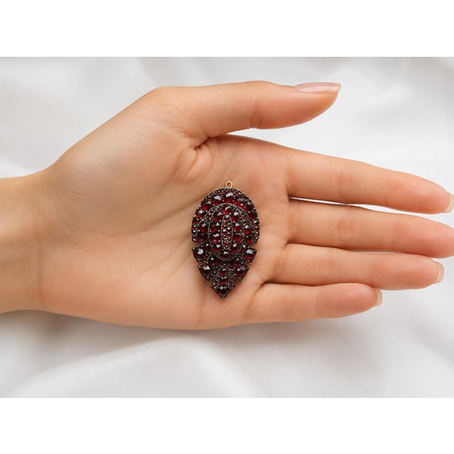 Oxblood Red Antique Victorian Bohemian Garnet Double Layer Leaf Brooch Pendant For Sale - Image 8 of 10