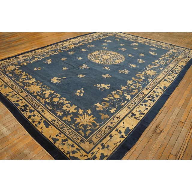 Textile Classic 1920s Blue Greek Key Antique Wool Floral Chinese Room Size Peking Rug For Sale - Image 7 of 9