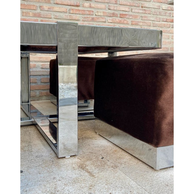 Square Smoked Glass & Steel Coffee or Side Table with 4 Nesting Stools, 1970s, Set of 5 For Sale - Image 12 of 15