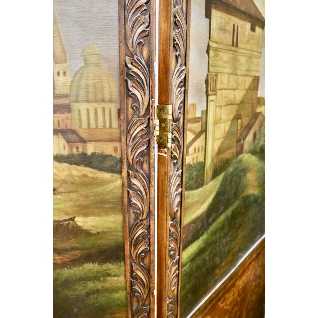 Italian Vintage Hand Carved Wood Room Divider Screen With Painted Scene of Tuscany Landscape For Sale In Charlotte - Image 6 of 6