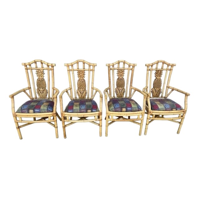 Set of 4 Vintage Tropical Regency Rattan Pineapple Armchairs, in the Style of Palecek For Sale
