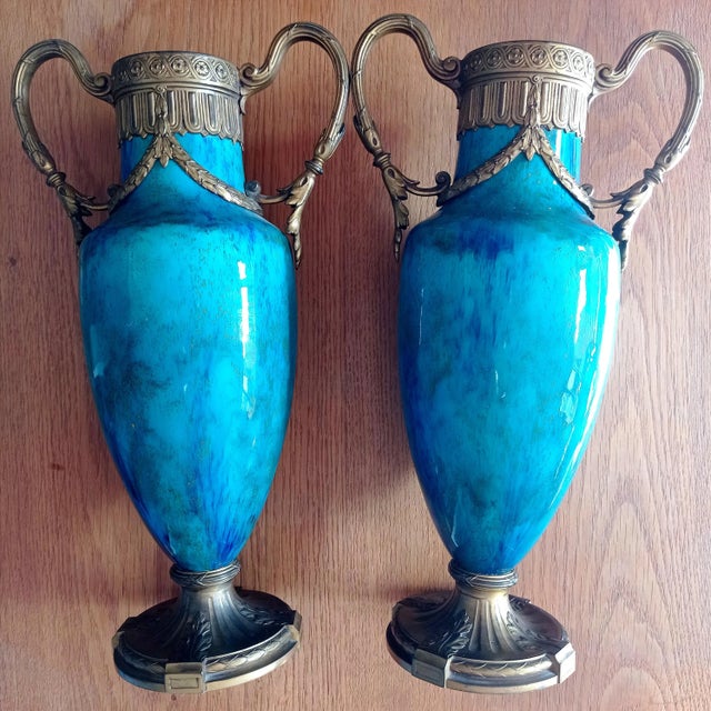 Sevres Bronze Mounted Vases with Green and Blue Glazed Faience, Set of 2 For Sale - Image 4 of 8