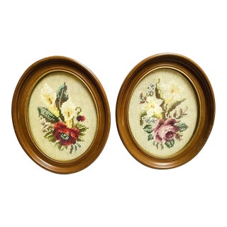 Pair Antique 1910s Roses Needlepoint Pictures in Oval Walnut Frames For Sale