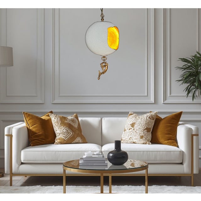 Antique Abstract Egg Shaped Shade With Sculptural Dragon Goddess Finial Pendant Light For Sale - Image 11 of 18